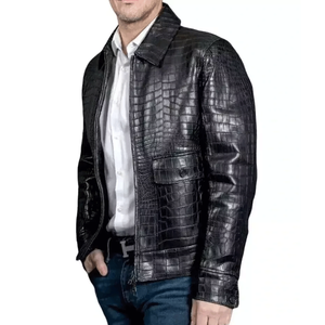 Chaqueta de cuero real con relieve de cocodrilo negro para hombre - Product Image 2