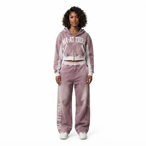 Custom Women Acid Wash Mauve Pink <b>Cropped</b> Hoodie Wide Leg <b>Jogger</b> Set Cotton Fleece Streetwear Tracksuit OEM Wholesale - Product Image 1