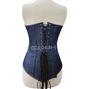 Corset Overbust Steelboned Blue Denim cousu avec fil blanc - Product Image 6