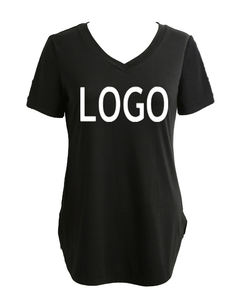 Camiseta de Verano para Mujer, Cuello en V, Larga, con Dobladillo Curvo, 100% Algodón Jersey, Transpirable, con Estampado, Estilo Urbano, Marca Privada, Gran Venta - Product Image 1