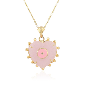 Collar de Moda con Colgante de Corazón Tallado en Calcedonia Rosa y Circonita Cúbica, Chapado en Oro de 18K, con Esmalte, Ajustable, Unisex - Product Image 1