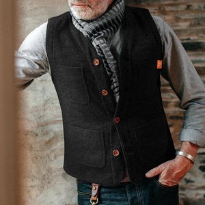 Chaleco de lana con cuello en V, estilo retro para hombre, chaleco de color sólido con un solo botón, adecuado para trajes de primavera y otoño. - Product Image 6
