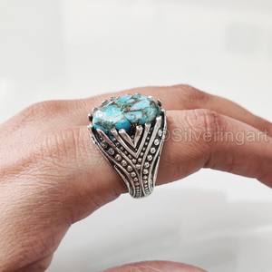 Nouvelle Arrivée Bague pour Homme en Argent Sterling 925 avec Pierre Précieuse Turquoise Cuivre Bleu Naturel, Pierre de Naissance de Décembre, Cadeau de Noël - Product Image 1