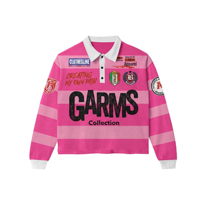 Camiseta de Rugby para Mujer, 220 GSM, Algodón y Poliéster, Diseño de Paneles a Rayas Rosas, Logotipo Bordado por Sublimación Personalizado, Camisetas de Rugby Femeninas - Product Image 1