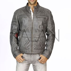 KLJM5 Men's Spring Stand Collar <b>Sheep</b> <b>Skin</b> Leather <b>Jacket</b> 100% Cotton Grey Canvas Waxed Texture with Snap Buckle Button - Product Image 1