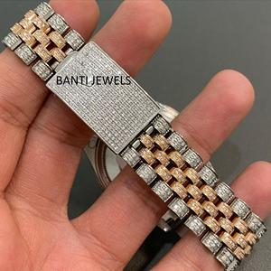 Montre de luxe bicolore en acier inoxydable avec verre Moissanite glacé, index arc-en-ciel, style hip-hop, bijoux diamant, double mouvement - Product Image 2