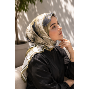 Olive <b>Green</b> Vintage Floral Satin Scarf Square Luxury Vintage Design with Digital Printing for Spring & Summer - Product Image 1