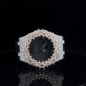 Montre squelette en acier inoxydable avec diamants en moissanite de luxe en gros, sertissage invisible, bracelet en cuir, aiguille, résistante à l'eau - Product Image 1