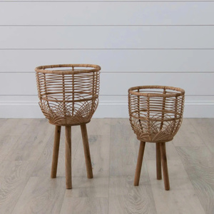 Jardinière en rotin naturel tissé à la main moderne avec pieds en bois, élégant support de plante surélevé décoratif pour la décoration intérieure - Product Image 3