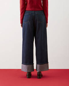 Pantalon en jean décontracté pour femme, de haute qualité, respirant, à jambes larges, ourlet plié, coupe régulière, lavage foncé, par Routine Vietnam - Product Image 2