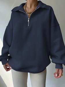 Sweat-shirt surdimensionné à demi-fermeture éclair bleu marine unisexe Pull en molleton de coton épais Col haut Épaules tombantes Coupe décontractée Streetwear - Product Image 3
