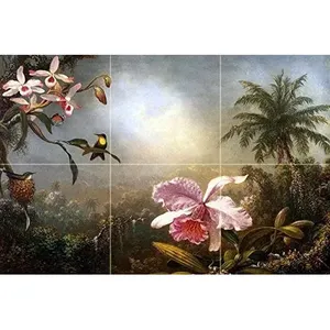 จิตรกรรมฝาผนังกล้วยไม้ดอกไม้สีชมพูสำหรับห้องครัวและห้องน้ำหินอ่อนกระเบื้องเซรามิคผนังกันน้ำมันกระเด็น - Product Image 1