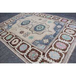 Vintage Rug, 8.4x11.2 ft Turkish Rug, <b>Brown</b> Blue Polka dot <b>Wool</b> Rug - Product Image 2