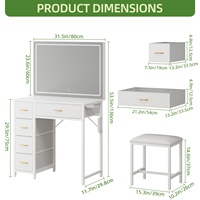 Miroir de Coiffeuse OEM avec Lumières LED, Station de Recharge, Ensemble de Maquillage, Table de Maquillage à 5 Tiroirs, Luminosité Réglable pour Chambre à Coucher