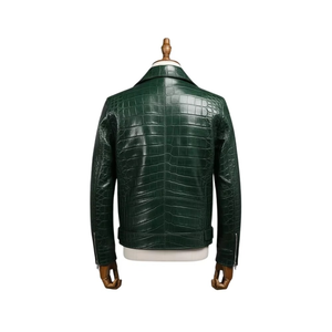 Veste en cuir de crocodile vert foncé pour homme, veste en cuir texturé style motard, fermeture éclair asymétrique, manteau pour homme - Product Image 6