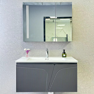 Meuble de salle de bain moderne de luxe en bois massif avec lavabo en céramique intégré, 2 étagères, poignées en acier inoxydable et design lumineux - Product Image 1
