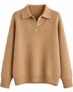 Suéter de Punto Personalizado para Mujer, Cuello Polo, Color Camel Marrón, Jersey de Manga Larga, Suave, Informal, Holgado, Personalizado, OEM, Venta al por Mayor - Product Image 1