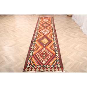 Turkish Kilim <b>Runner</b> Rug 2.7x13 ft (81x395 cm), Vintage <b>Red</b> Ombr Wool Rug - Product Image 2