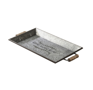 Plateau de service rectangulaire en métal galvanisé vintage fait à la main avec poignée en bois pour le service de thé et de café à la maison et aux mariages - Product Image 1