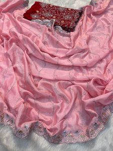 Tela de seda Chinon suave pura hermosa secuencia de bordado C-Pallu y blusa de diseñador Sari DE TRABAJO Zari ropa de fiesta de lujo étnica - Product Image 2