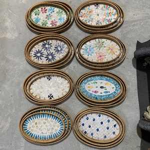 Bandeja Redonda de Mimbre con Incrustaciones de Nácar, Bandeja de Mosaico Tejida a Mano, Bandeja Decorativa de Mimbre Lacado, Cesta para Alimentos (Hoja) - Product Image 4