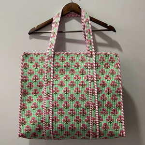 Handmade Cotton Eco-Friendly Everyday Tote <b>Bag</b> Green for Pink Block Print <b>Quilted</b> Travel Shopper Zipper Closure Fashion Style - Product Image 1