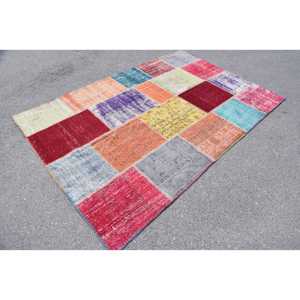 Patchwork Turkish Rug, 5.2x7.8 ft Vintage Rug, <b>Red</b> Patchwork <b>Wool</b> Rug - Product Image 3