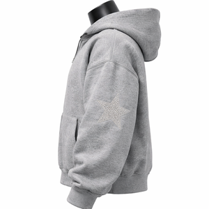 Sudadera con capucha y cremallera completa de forro polar oversize con estampado de estrellas de diamantes de imitación y cristales brillantes, estilo streetwear gris para hombre, al por mayor - Product Image 4