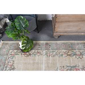 Tapis Turc Vintage Beige Vert 4.7 X 8.1ft Laine Faite à la Main Grande Surface Patchwork Design Couloir Rectangulaire Latex pour Décoration de Chambre - Product Image 5