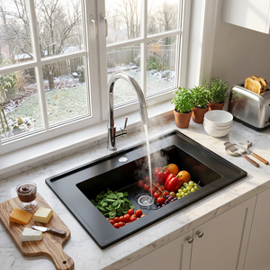 Évier de cuisine moderne noir mat à cuve unique en acier inoxydable SUS304, à encastrer au-dessus du comptoir, revêtement nano facile à nettoyer - Product Image 1