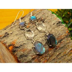 ต่างหูเงิน925เรียบง่ายพร้อมลาบราดอไรต์ธรรมชาติและต่างหูพลอยอเมทิสต์สีเขียวของขวัญสำหรับเธอ - Product Image 4