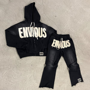 Custom French Terry Sweatsuit Jogger Sets Tracksuit Distressed Patch <b>Applique</b> Embroidery Flared Hoodie and Sweatpants Set - Product Image 1