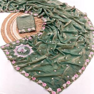 Sari VASTRA COTTAGE de Tela de Musgo Puro, Sari de Diseño con Bordado Floral de Primera Calidad con Blusa para Bodas y Fiestas - Product Image 2