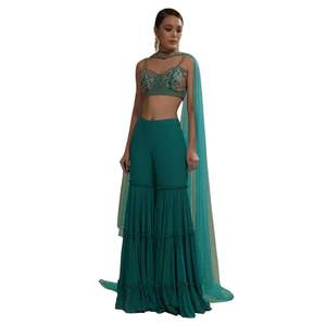Top corto verde azulado Sharara Set con Net Dupatta para fiesta de recepción de boda Indo Western Festive Indian Ocasion Wear - Product Image 3