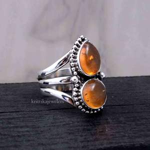 Vente en gros d'anneaux en argent sterling 925 avec sertissage en bézel, pierre précieuse ambre, bijoux unisexes personnalisés, cadeau de fiançailles, de mariage, de fête, style indien - Product Image 4