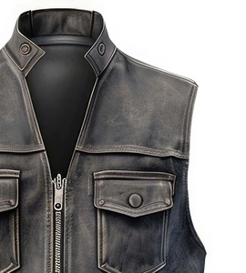 Peau de mouton véritable fabriquée en usine, gris vieilli, col de chemise vintage, chaud et léger Streetwear Zip-up Biker Racer Leather Vest - Product Image 4