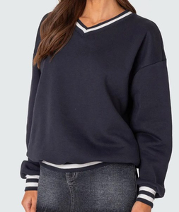 Sweat-shirt en molleton de coton surdimensionné pour femme, 100% coton, personnalisé, col en V, logo personnalisé, manches longues, pour la mode d'hiver - Product Image 2