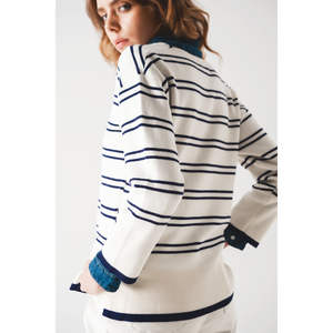 Suéter Blanco Informal de Punto con Rayas Azul Marino, Transpirable, Talla XS, para Invierno, con Decoración de Logotipo Frontal - Product Image 2