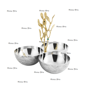 Newest design round shape decorative <b>bowl</b> premium quality <b>stainless</b> <b>steel</b> <b>bowl</b> with brass leaf handle in bulk - Product Image 1