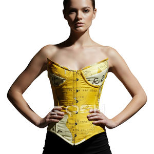 Corset tendance jaune à imprimé cartographique, avec armatures, amincissant la taille, motif carte rétro sublimé, style overbust, pour streetwear et soirées - Product Image 1