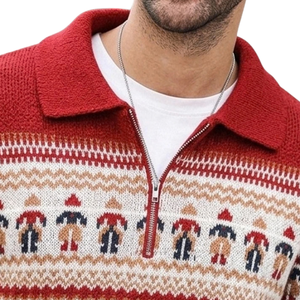 <b>Men's</b> Red Knit <b>Jumper</b> White Geometric Print Casual Autumn/<b>Winter</b> Anti-Pilling Polyester Zipper Closure Full Sleeve - Product Image 6