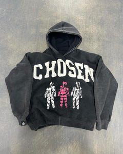 Sudadera con Capucha Corta para Hombre, Estilo Urbano Personalizado, Algodón Grueso, Dobladillo sin Rematar, Bordado Desgastado con Parches, Sin Cordones - Product Image 1