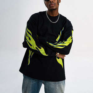 T-shirt à manches longues et col ras du cou pour hommes, surdimensionné 100% coton, dernière sérigraphie tendance, chemises de couleur unie, 220 grammes, poids du tissu - Product Image 2