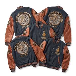 Blouson universitaire en gros, corps en laine gris anthracite, manches en cuir marron, broderie mouvement horloger - Product Image 1