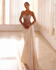 Sophisticated Satin Short Sleeve Eco-Friendly Anti-Static Vintage Prom Dress Crystal <b>Glittering</b> Embroidery Sheer Panels Pattern - Product Image 1