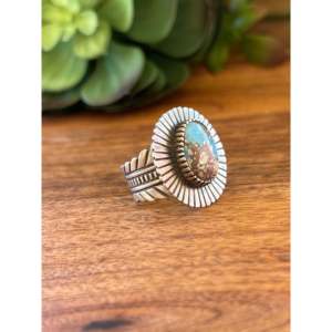 Navajo Golden Hill's <b>Statement</b> <b>Ring</b> Turquoise Sterling <b>Silver</b> Bezel Setting Vermeil Plating Geometric Size 7.75 Everyday Wear - Product Image 3