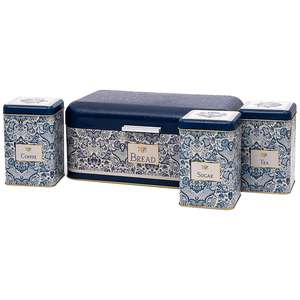 Rectangular Bread <b>Box</b> and Square Tin <b>Box</b> set ( 4 Pcs) <b>Hinged</b> Lid Azulejo-Inspired Blue & White Decorative Pattern Azulejos - Product Image 1