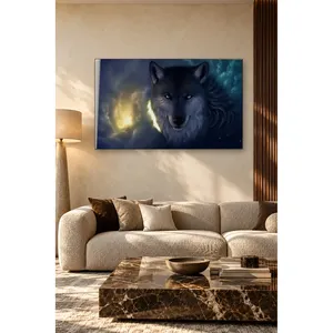 Impression sur toile de loup aux yeux bleus de Fida avec lumière dorée sur fond galactique - Product Image 2