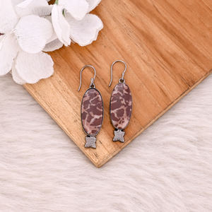 Boucles d'oreilles pendantes Malinga en jaspe bohème, pierre précieuse ovale longue, en laiton fait main avec ruthénium noir, cadeau d'anniversaire pour femme - Product Image 2