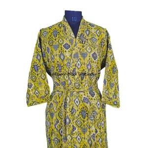 Robe kimono en coton Kantha indien faite à la main pour femmes, imprimé floral, matelassée, printemps automne, longue, écologique, légère, vêtements de nuit - Product Image 3